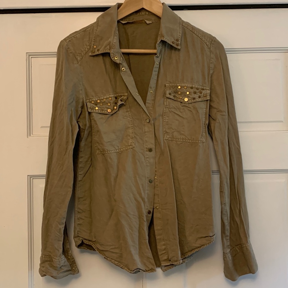 Olive green with gold grommet detailing snap closure button down